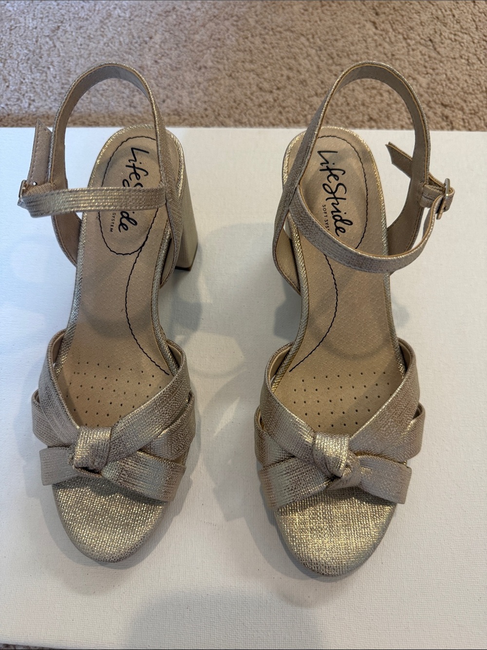 Life Stride Women's Metallic Gold Knot Block Heel Sandals